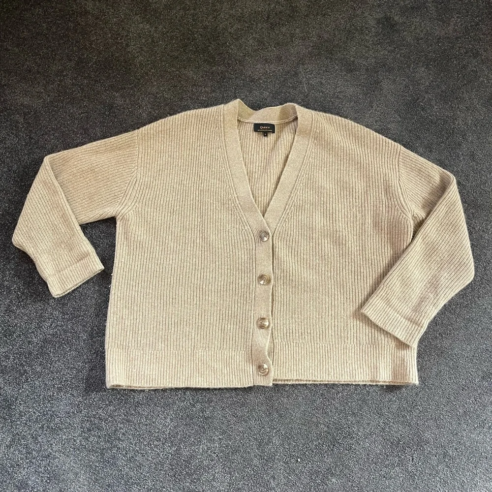 Quince Women's Cream Brown Cardigan Sweater - Picture 1 of 6